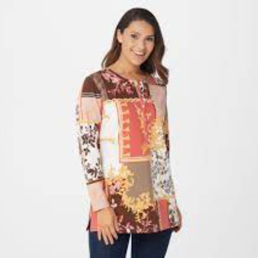Denim & Co Printed Jersey LS Henley Tunic